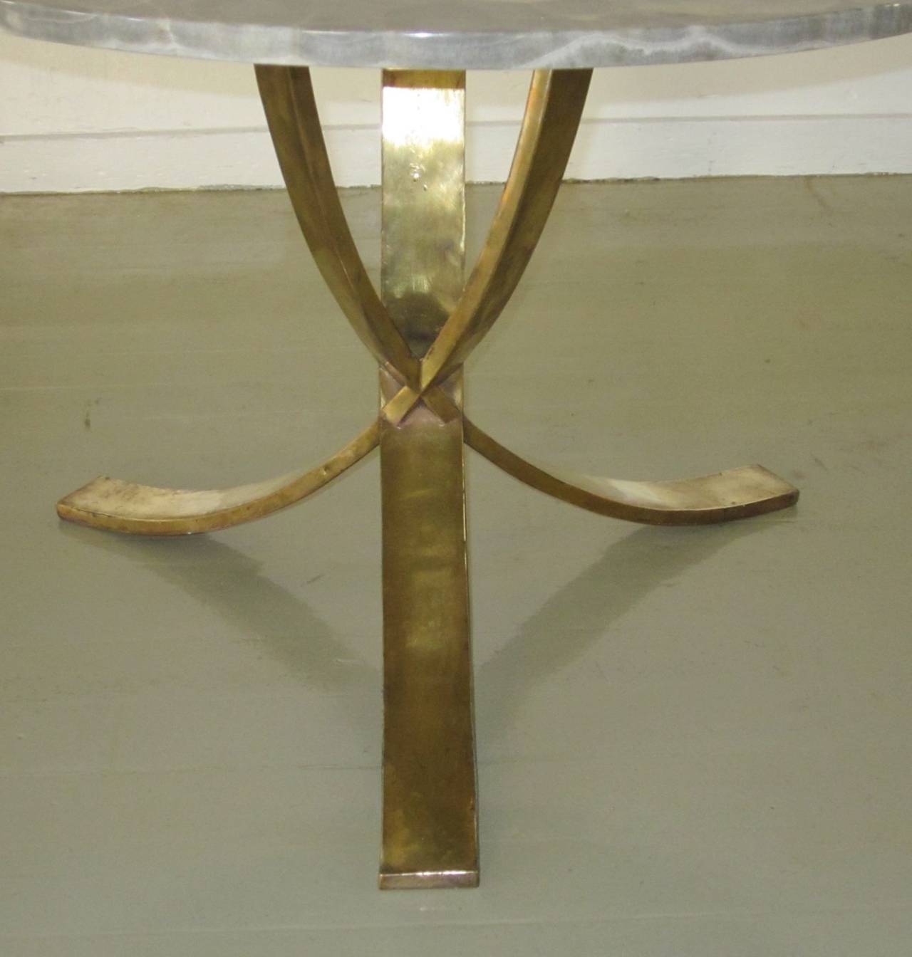 Grey Round Onyx Top on Brass Tripod Leg Base Table, France, 1960s