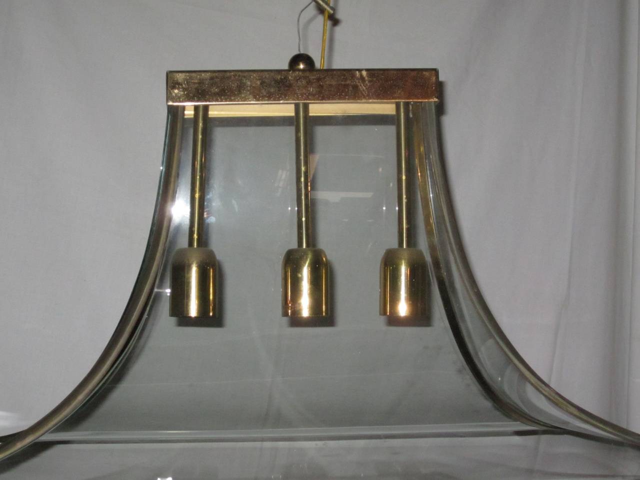 Curved Glass and Brass Chandelier, Italy, 1940s For Sale 1