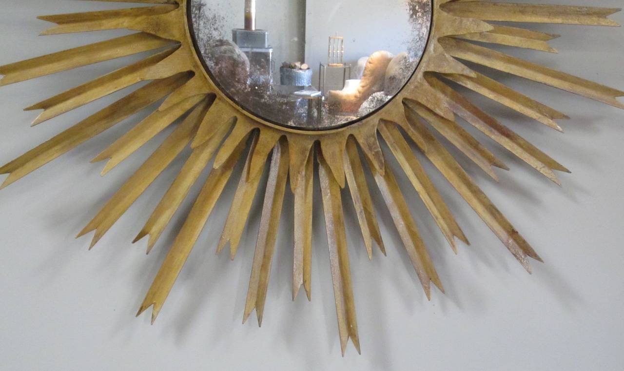 French Mid-Century Gold Gilt Star Burst Wall Mirror, France