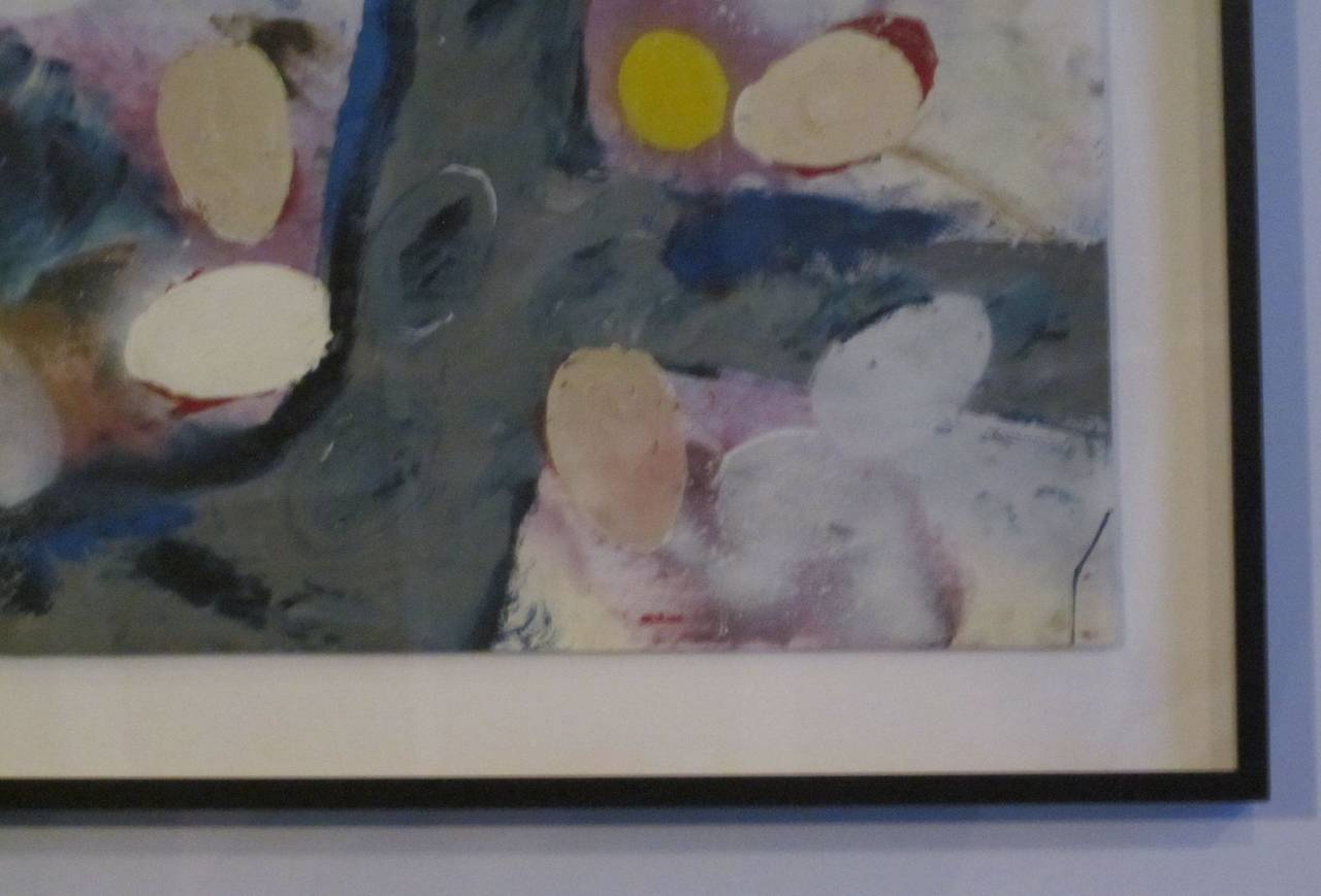 Contemporary abstract painting by American artist John Luckett.
Pinks with white and cream egg shapes.
Matted in a black metal frame.