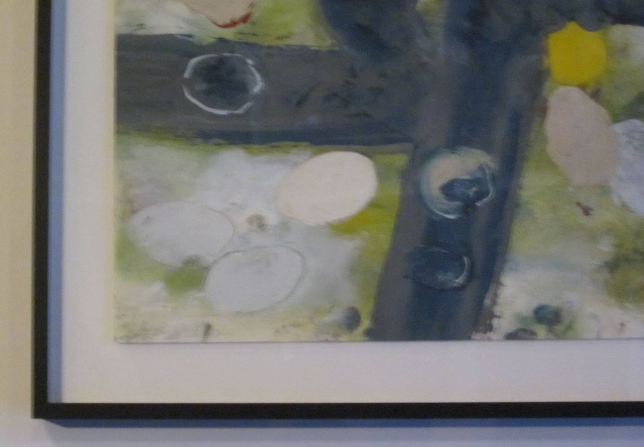 Contemporary painting by American artist John Luckett.
Pale green ground with white and yellow egg shapes.
Matted in a black metal frame.