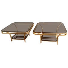 1970s Square Coffee Table-Smoked Glass and Brass, France