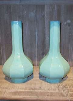 Contemporary Pair Glass Turquoise Vases