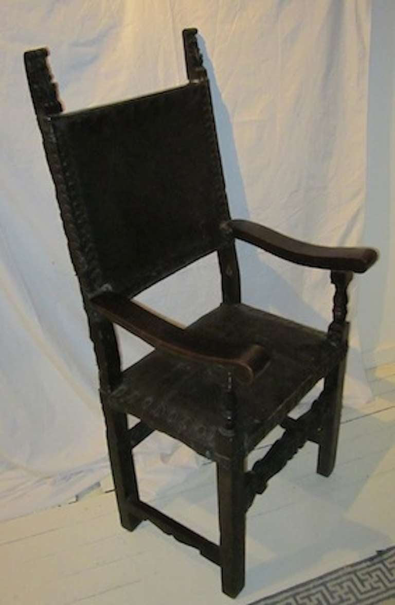 French 19th century bishops chair
Leather back and seat with nail heads 
Wood frame