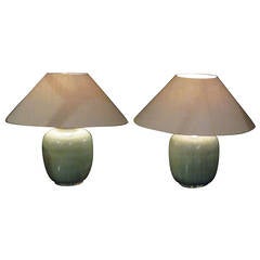 Pair Of Washed Turquoise Glazed Table Lamps, China, Contemporary
