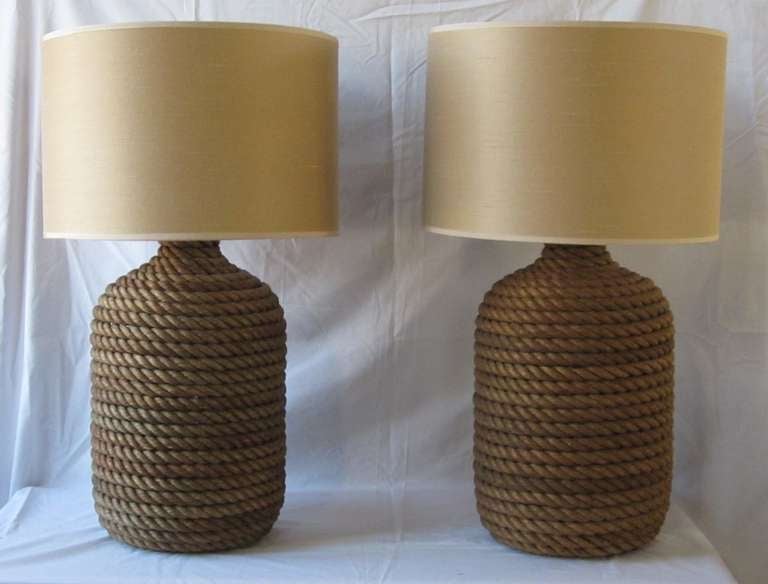 The base on these lamps are made from vintage rope.  The shades are custom silk.<br />
The base measures 12