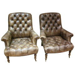 Antique Tufted Leather Pair of Club Chairs, England, 1850c