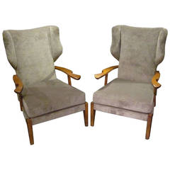 Mid-Century Pair of High Back Upholstered Taupe Chairs, Italy, 1960s