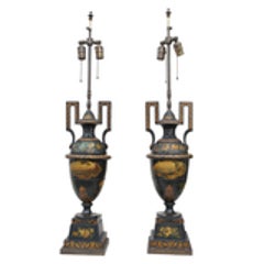 A Very Fine Pair of 19th Century Tole Urns Mounted as Lamps 12
