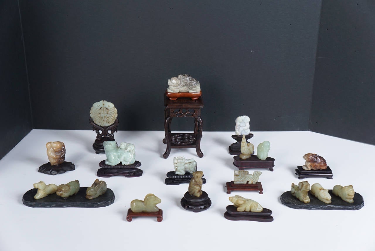 Collection of Late 19th and Republic Period Carved Jade Ornaments on Stands 3