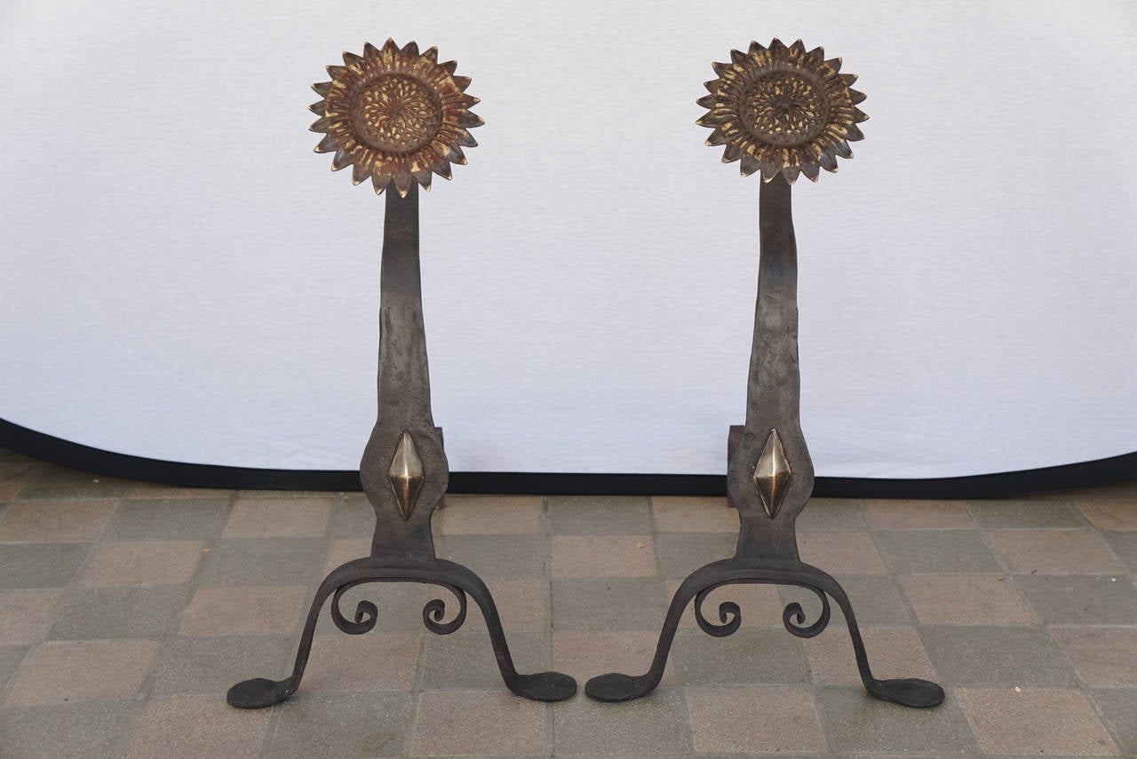 American Period Arts & Crafts Bronze and Wrought Iron Sunflower Andirons