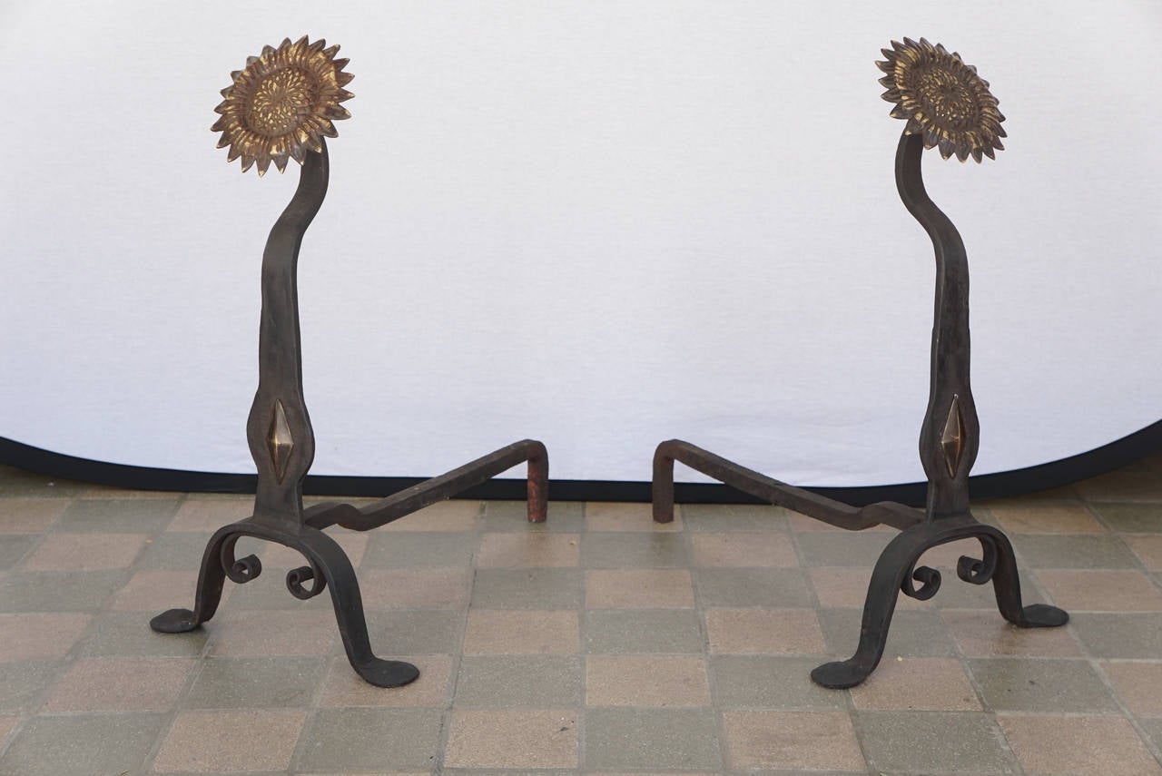 Arts and Crafts Period Arts & Crafts Bronze and Wrought Iron Sunflower Andirons