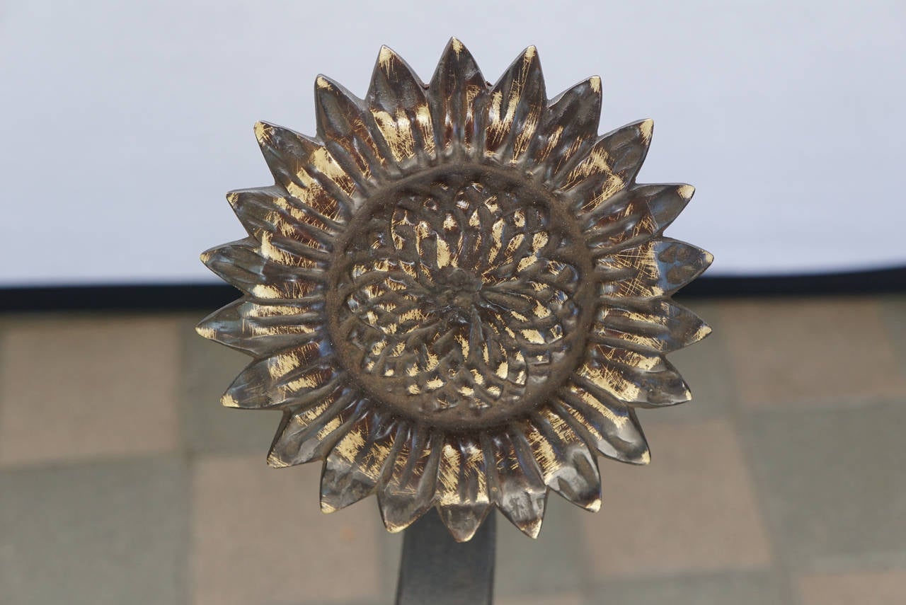 Cast Period Arts & Crafts Bronze and Wrought Iron Sunflower Andirons