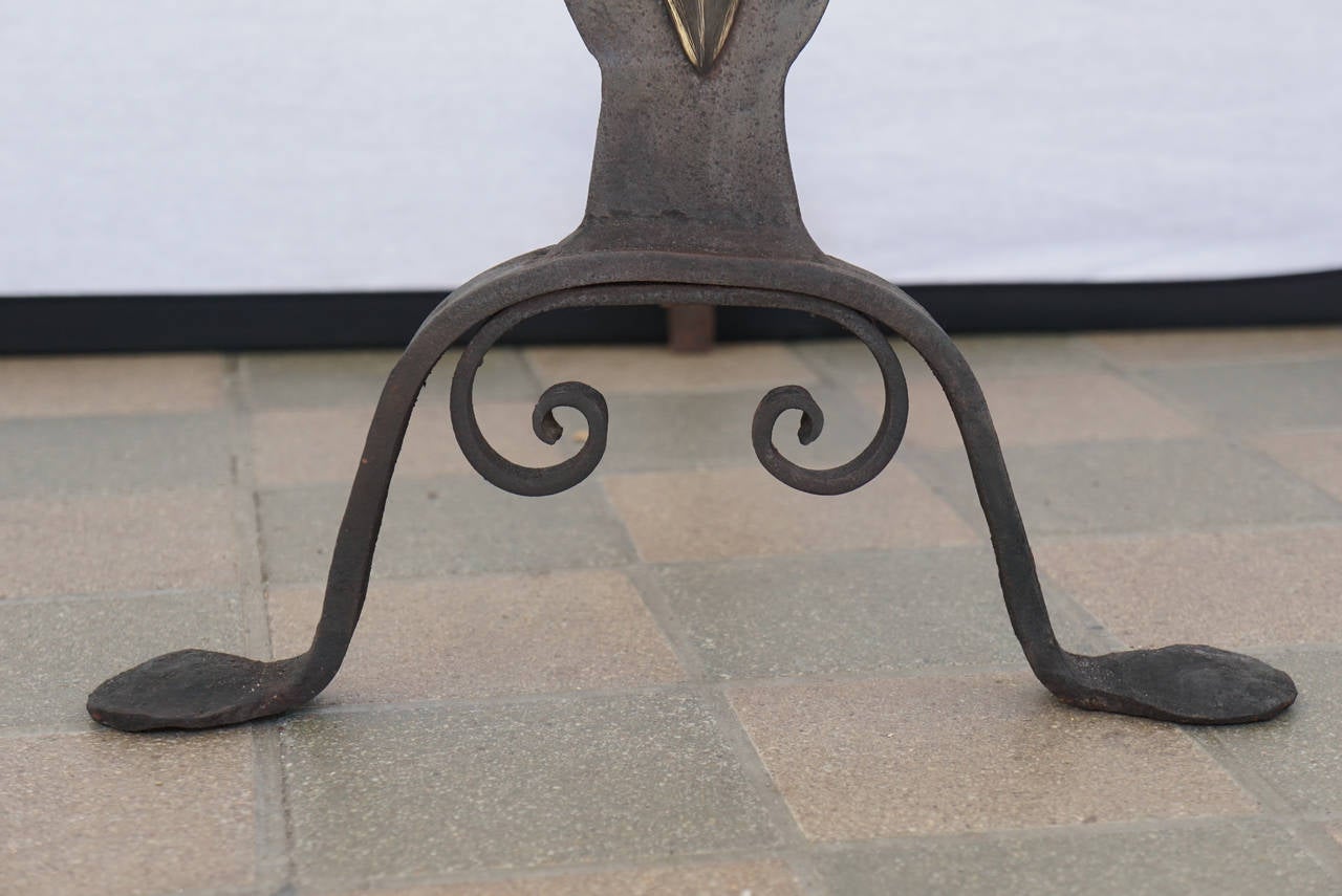 Period Arts & Crafts Bronze and Wrought Iron Sunflower Andirons In Excellent Condition In Hudson, NY