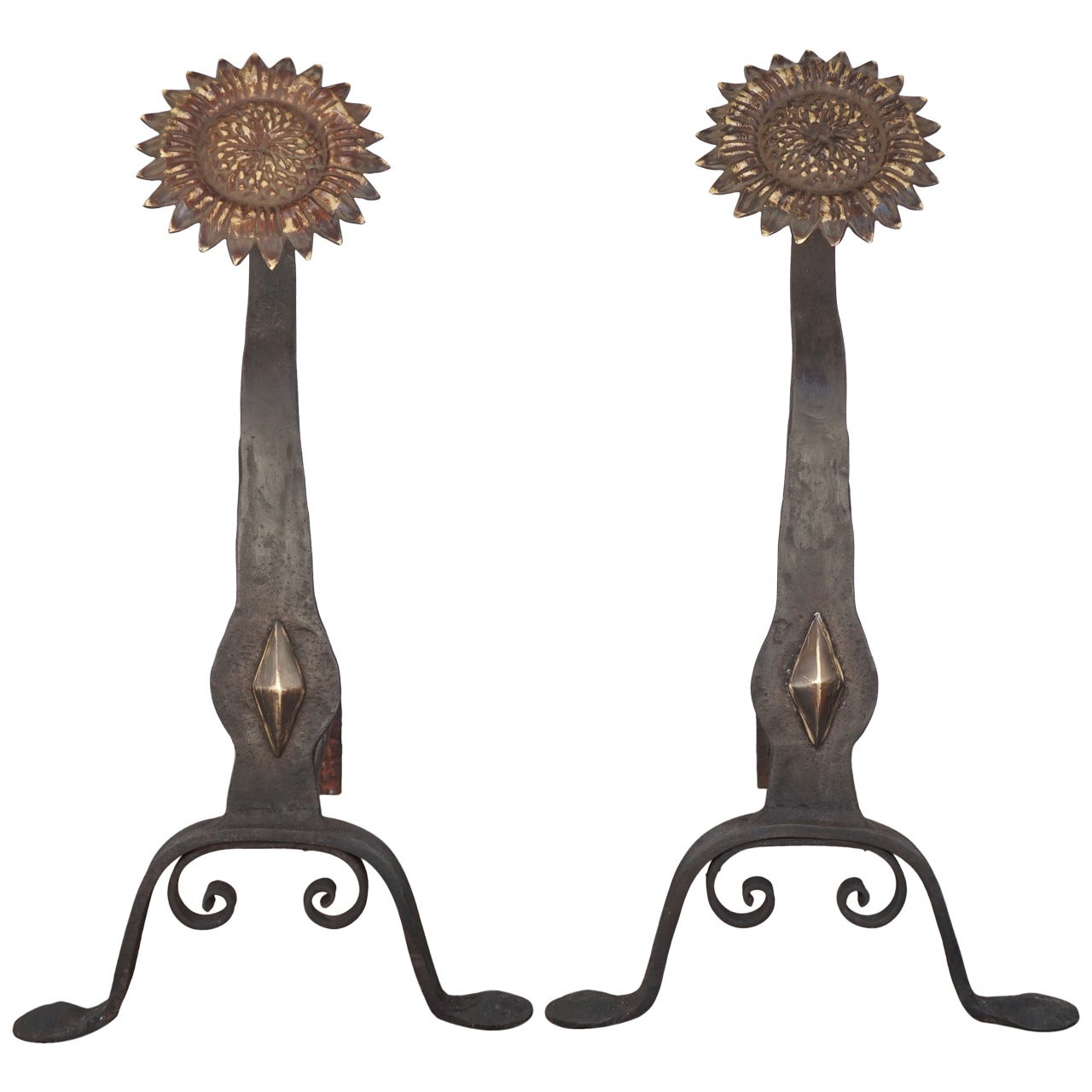 Period Arts & Crafts Bronze and Wrought Iron Sunflower Andirons