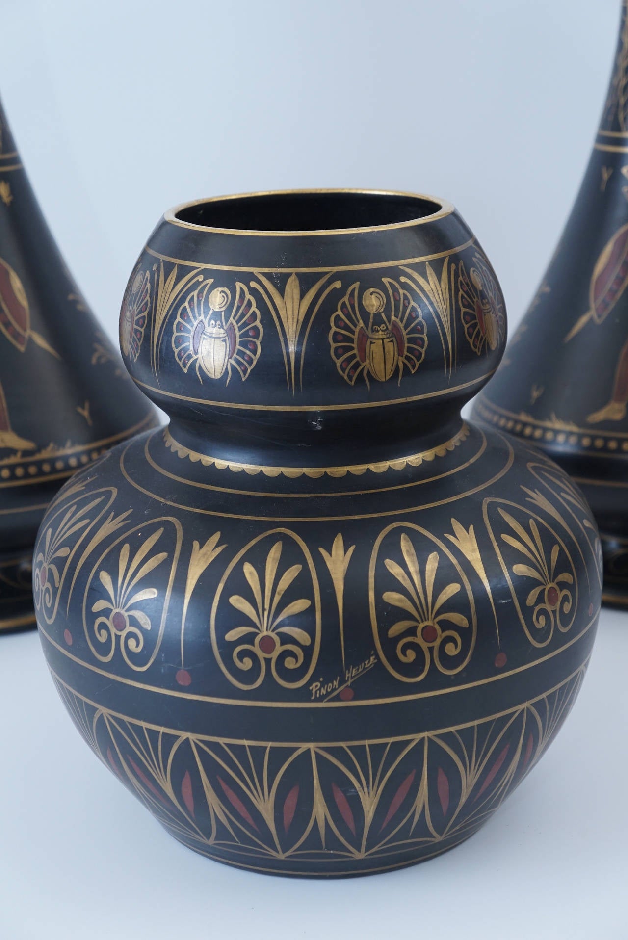 French 19th c. Glazed & Painted Terra Cotta Garniture in the Egyptian Revival Taste For Sale