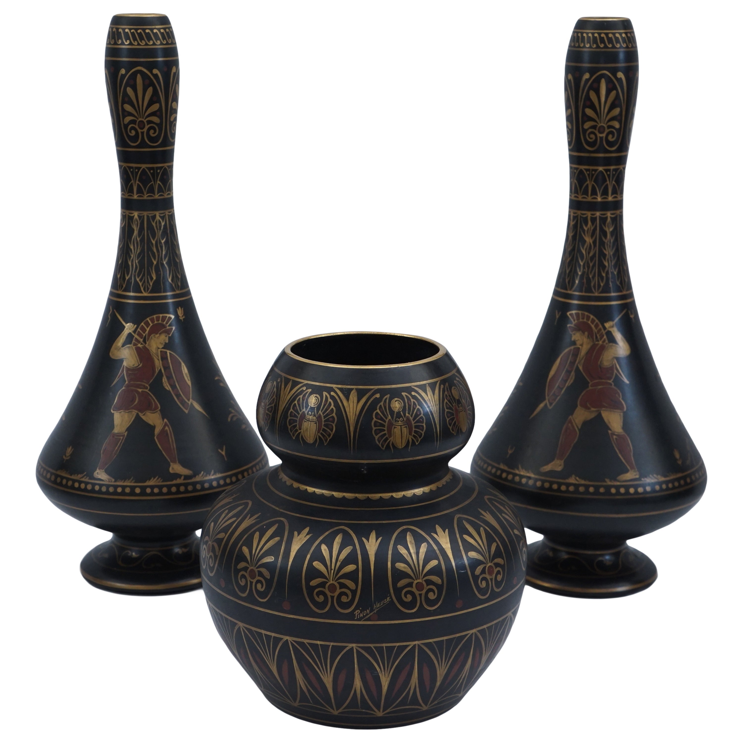 19th c. Glazed & Painted Terra Cotta Garniture in the Egyptian Revival Taste For Sale