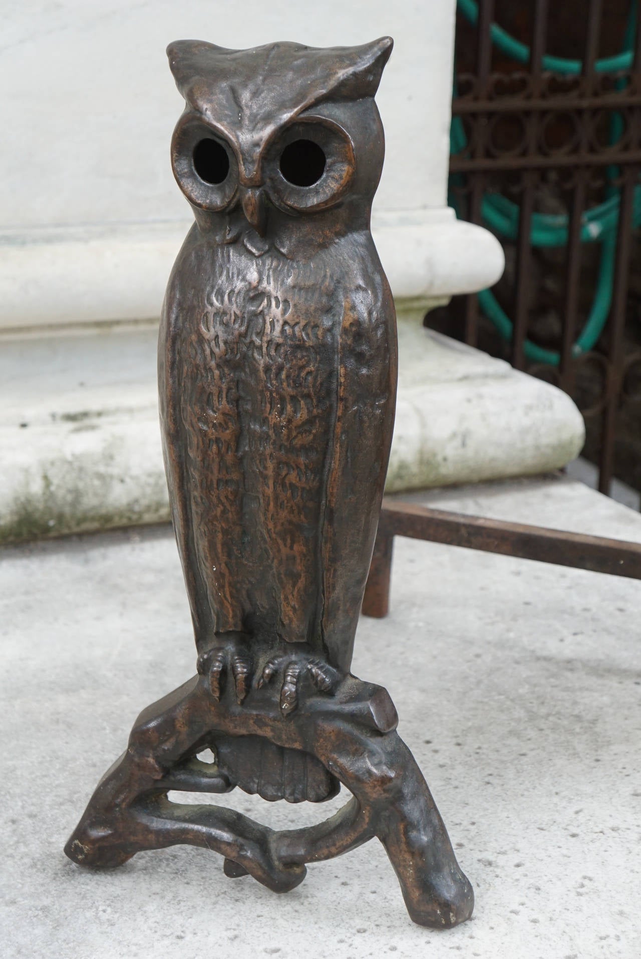 Adirondack American Early 20th Century Bronzed Cast Iron Owl Andirons