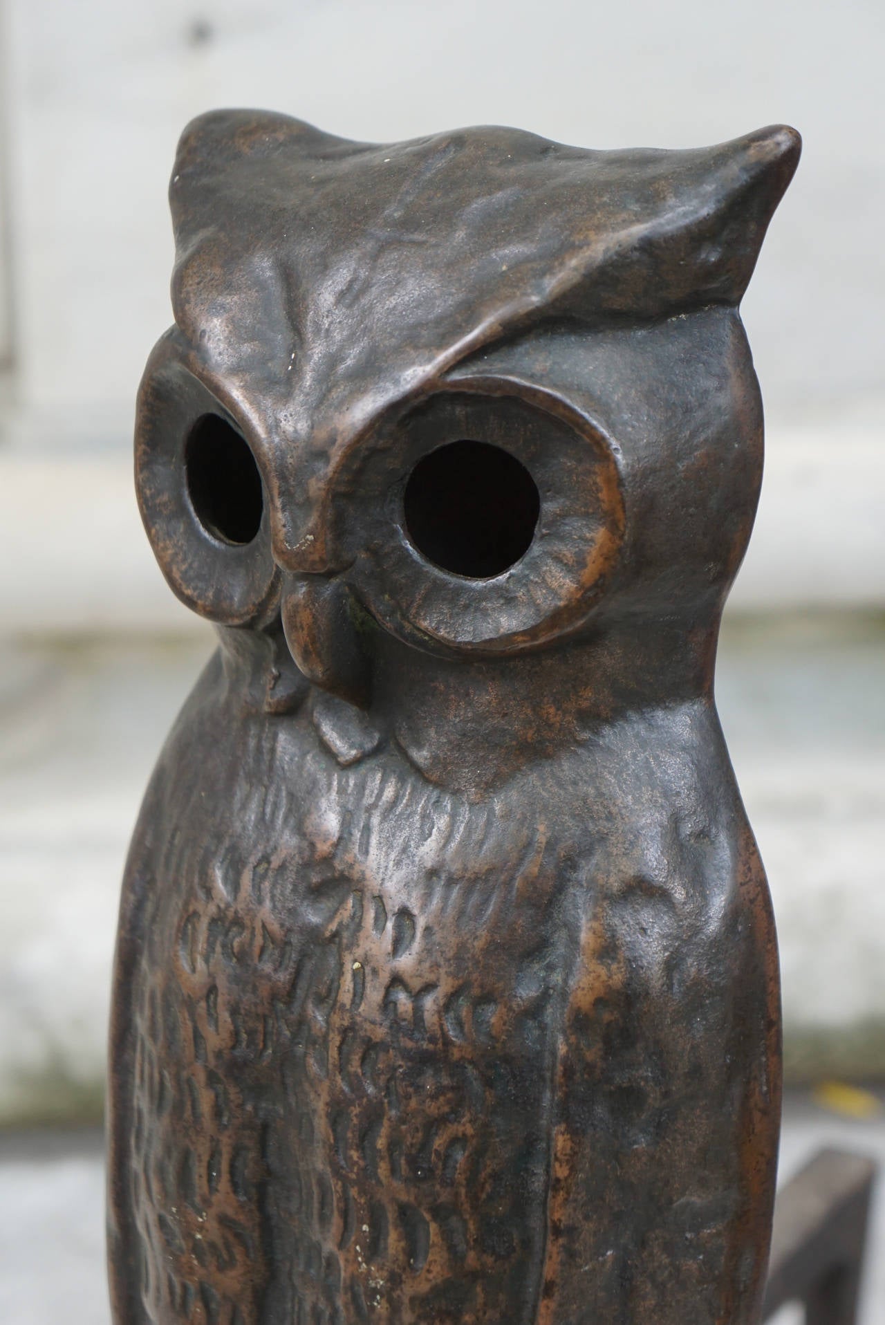 American Early 20th Century Bronzed Cast Iron Owl Andirons In Excellent Condition In Hudson, NY