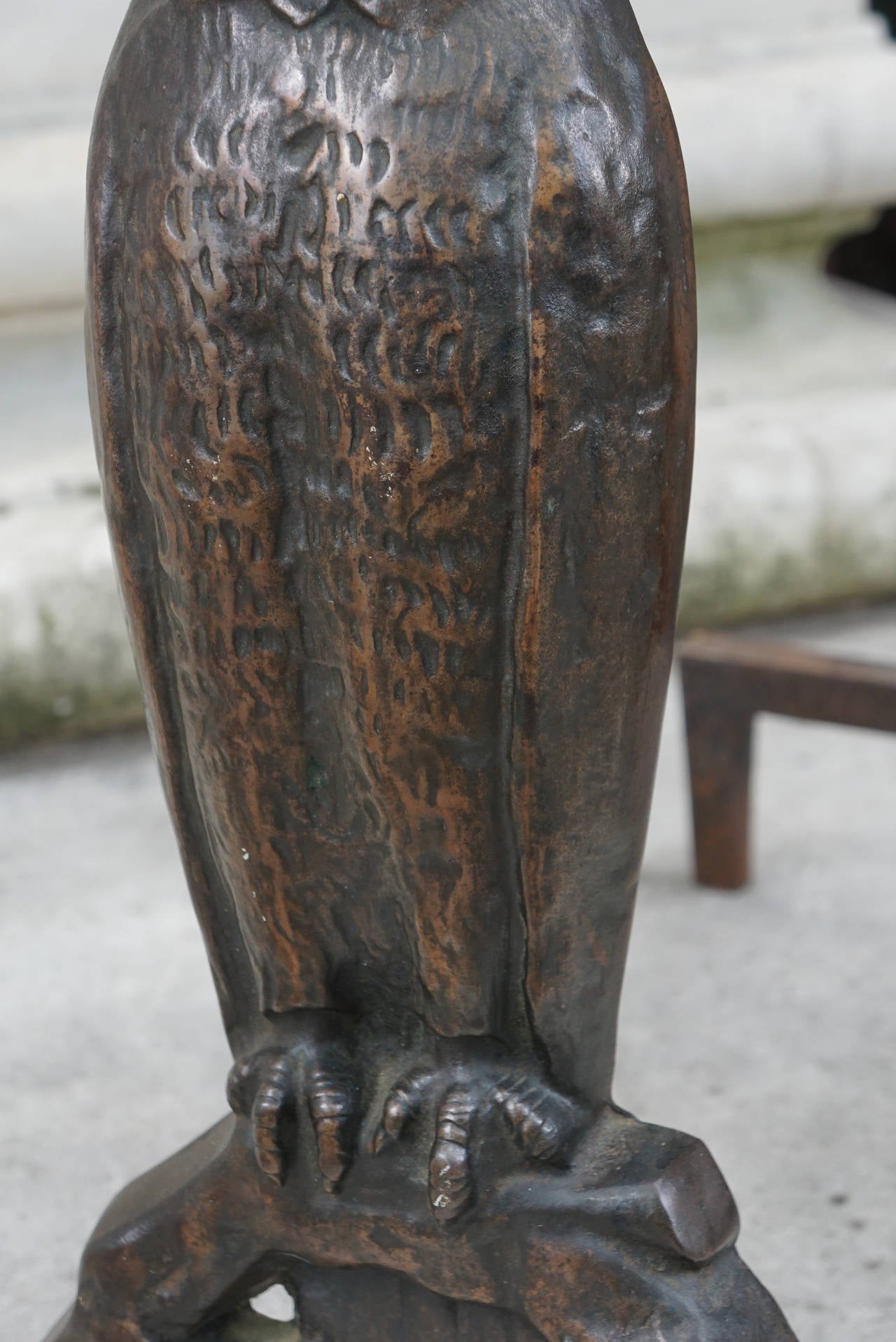 American Early 20th Century Bronzed Cast Iron Owl Andirons 1