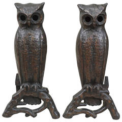 Antique American Early 20th Century Bronzed Cast Iron Owl Andirons