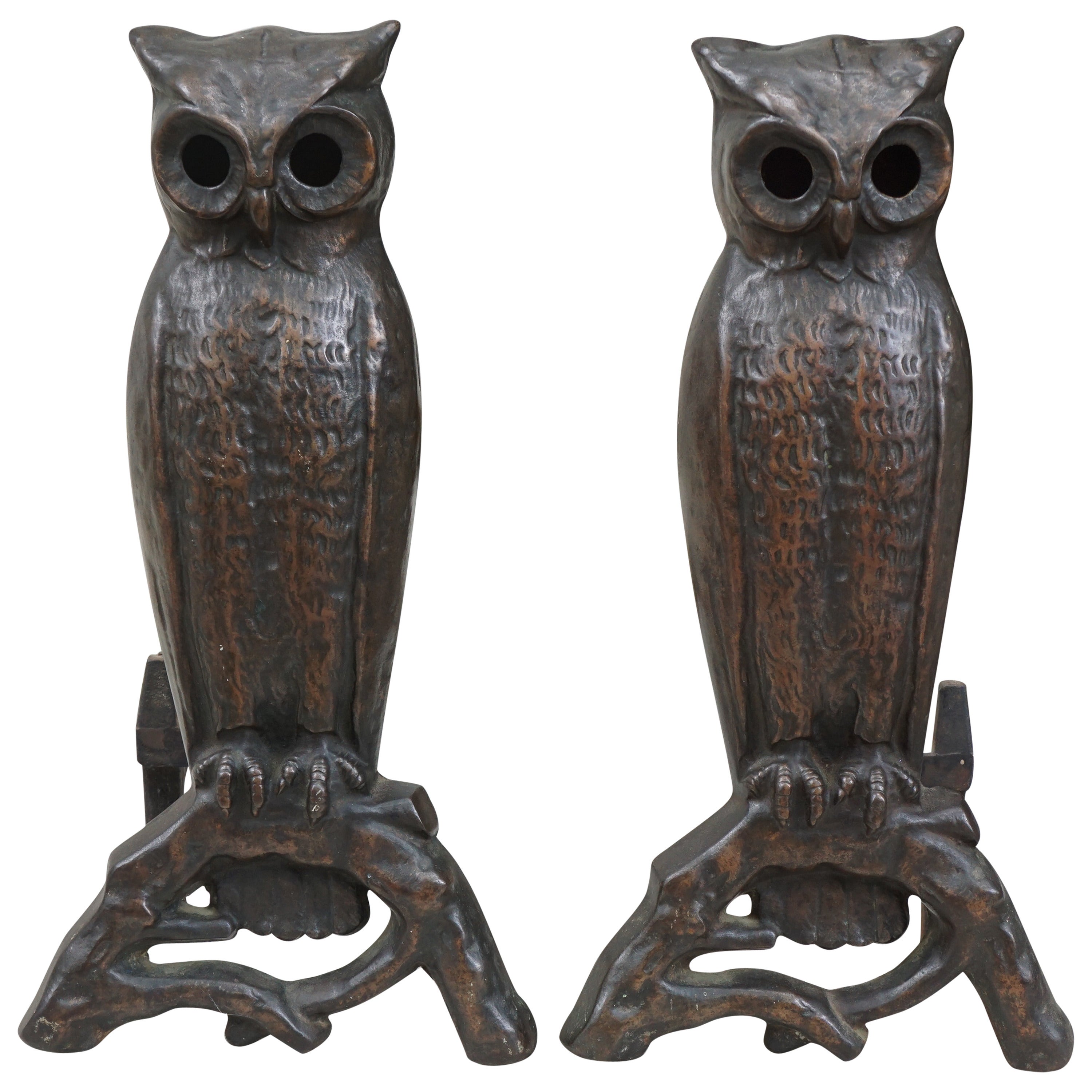 American Early 20th Century Bronzed Cast Iron Owl Andirons