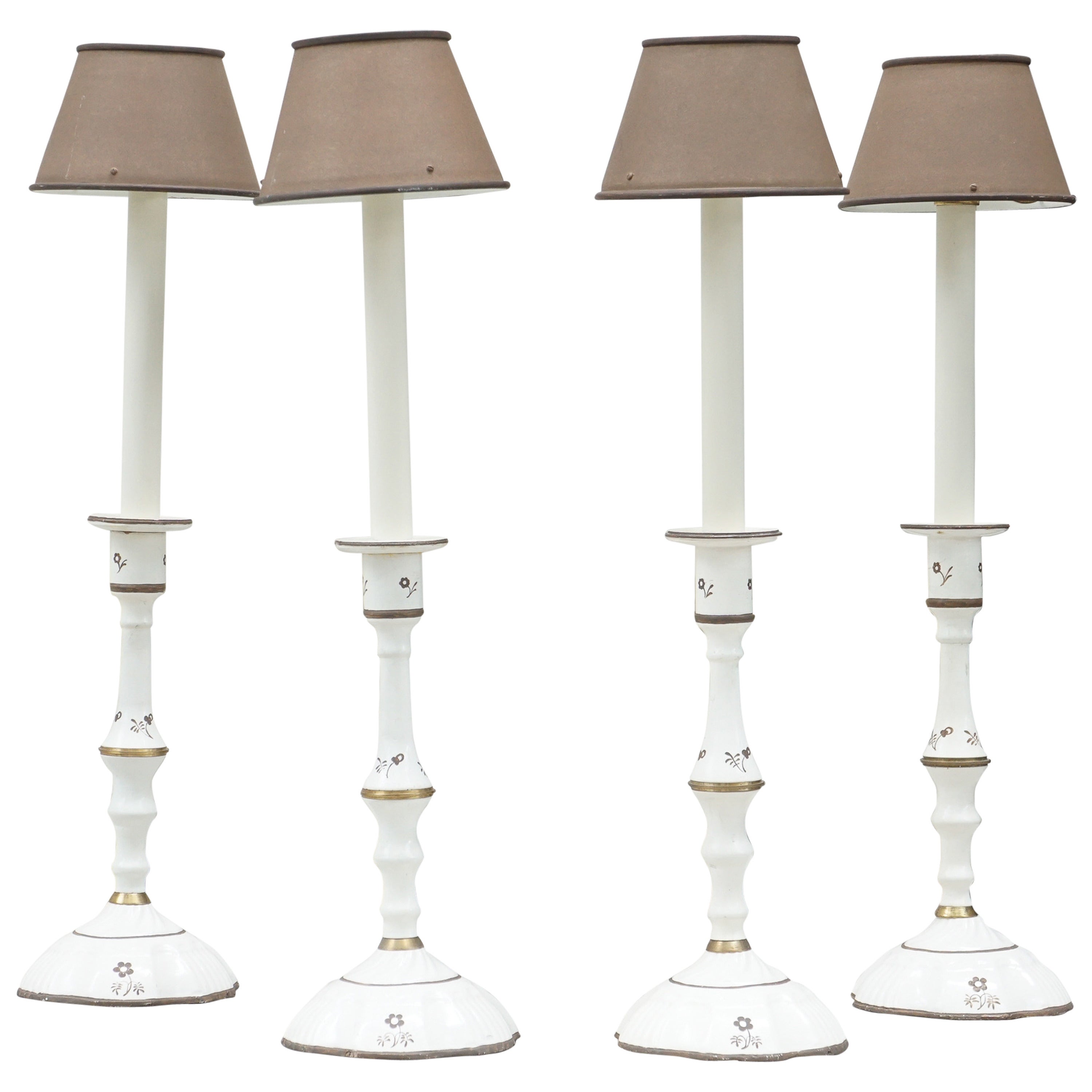 Four Decorative Candlesticks with Tole Shades from the Estate of Bunny Mellon
