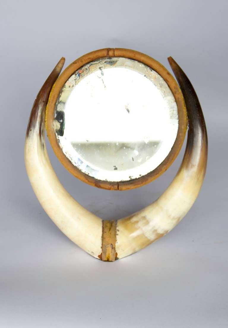 Rustic Horn and Glass Table Mirror In Good Condition In Hudson, NY