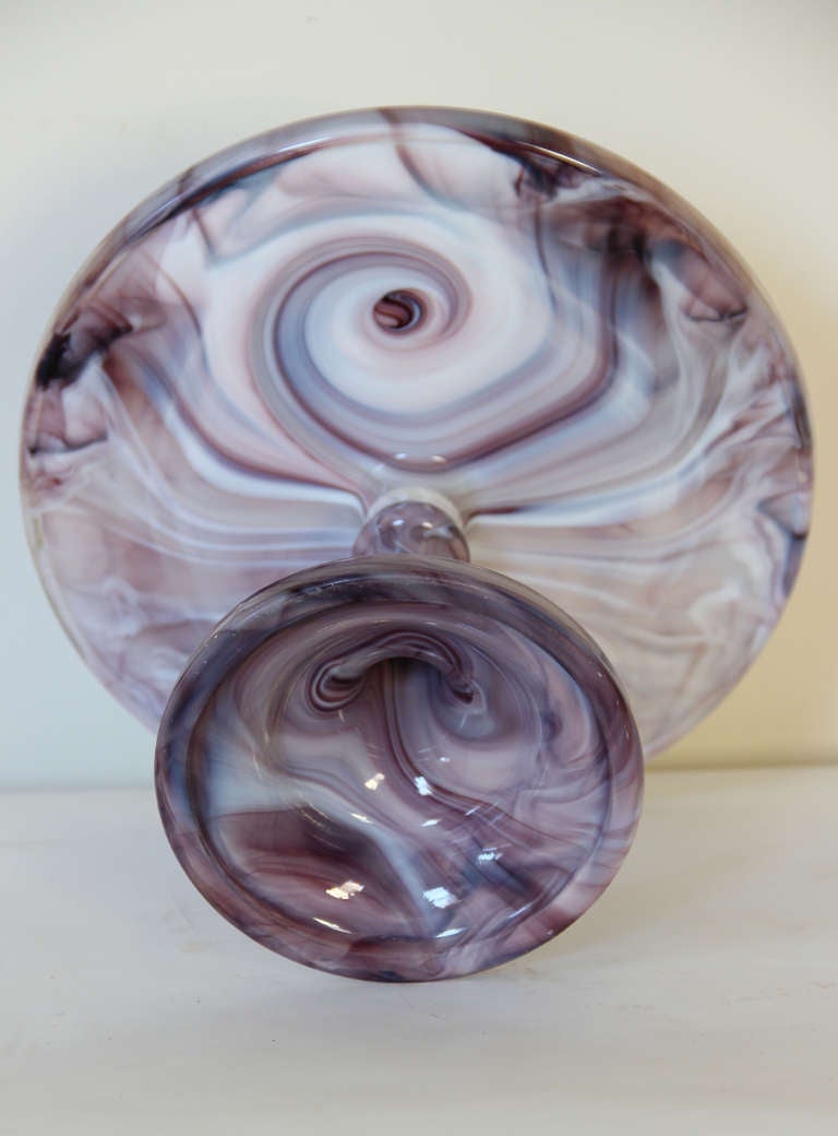 Mid-20th Century Purple and White Marbleized Glass Cake Stand