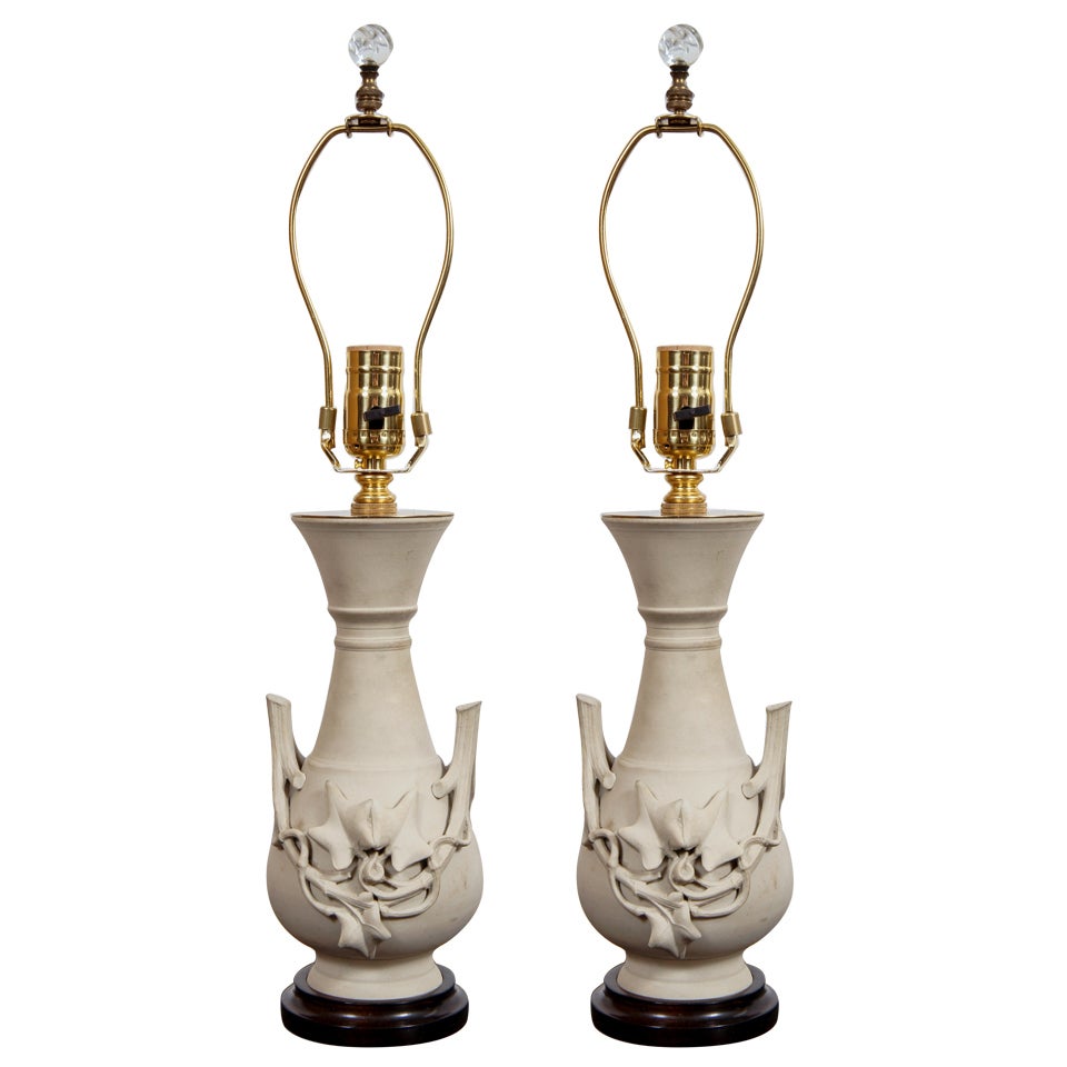Pair of Bisque Lamps with Botanical Motif For Sale