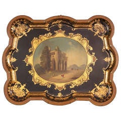 Antique 19th Century English Painted And Gilded Tole Tray
