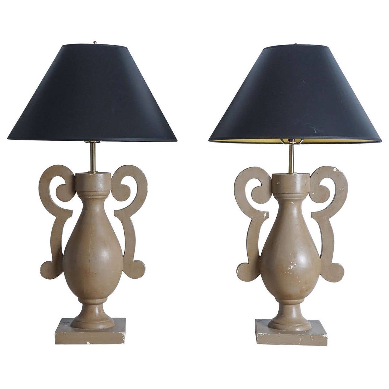 Lovely Pair of Wooden Lamps Painted a Warm Gray. ( Paint displays some chips or losses) Easily Painted to your Desired Color