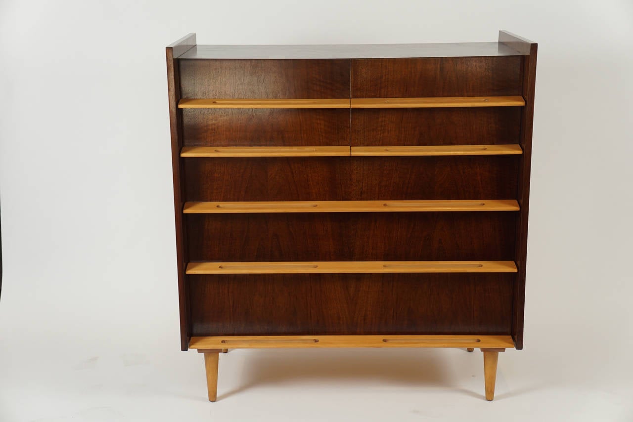 Beautifully preserved, rare Edmond Spence chest with graduated drawers
maple and walnut.