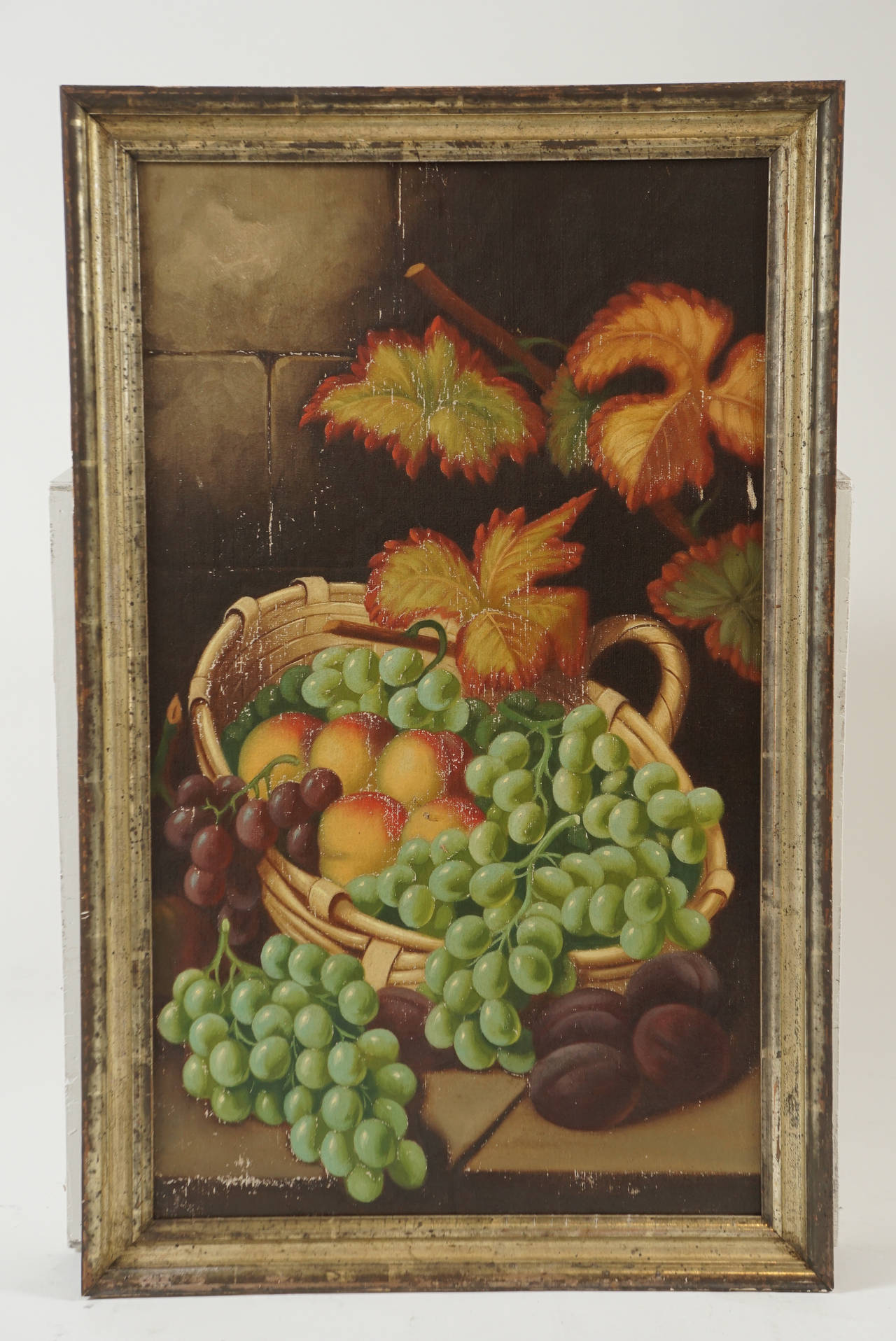 Beautifully Composed Still Life with Grapes, Peaches, Plumsand Autumal Leaves
American 19th Century. Unsigned
Width of Frame 1.5 inches