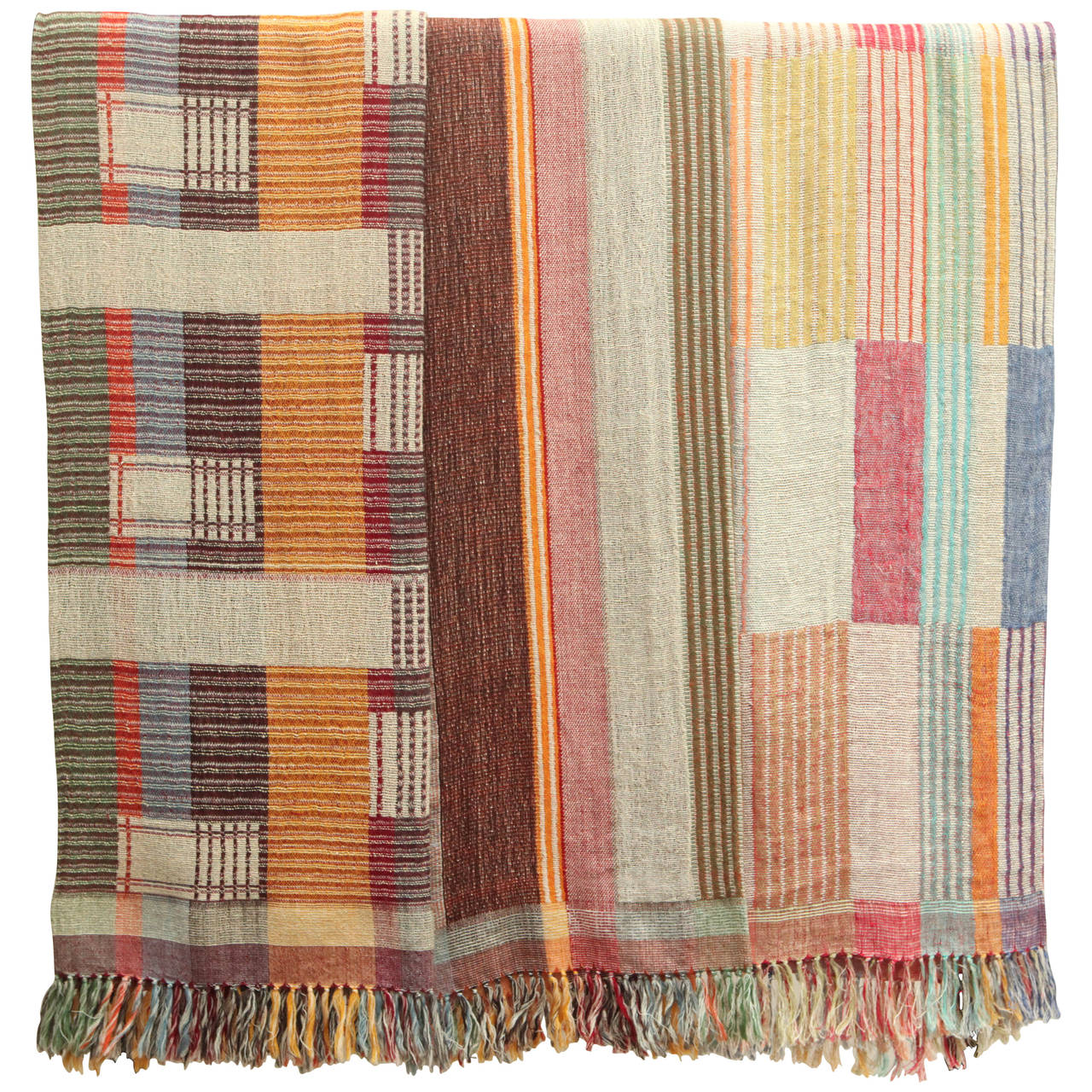 Indian Hand Woven Throws. Multi Colored. Wool and Raw Silk For Sale at