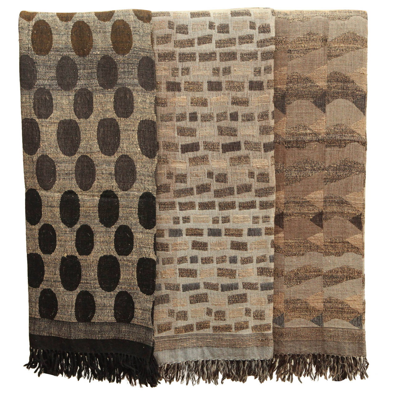 Indian Hand Woven Throws. Black, Brown, Gray, Beige. Wool and Raw Silk