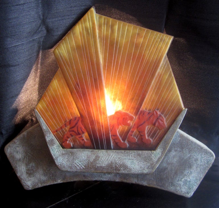 Bronze Gabriel Argy-Rousseau Pate de Verre Glass Lighted Wall Plaque For Sale