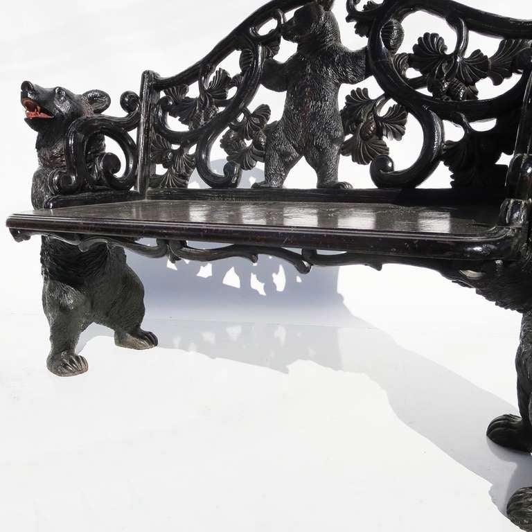 Swiss Black Forest Carved Black Bear Bench