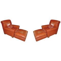 Pair of Distressed Leather Club Chairs and Ottomans