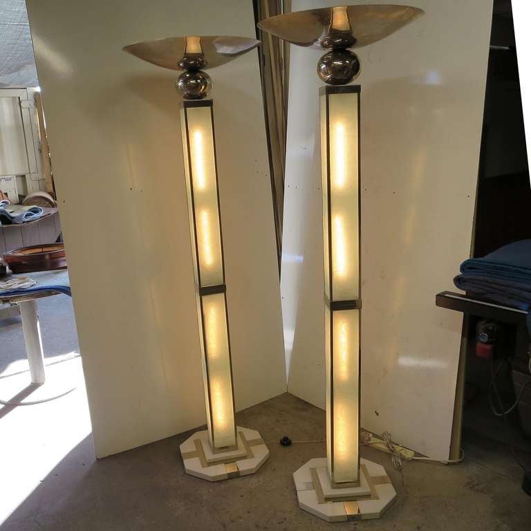 French Art Deco Torchere Lamps with Lighted Etched Glass Columns