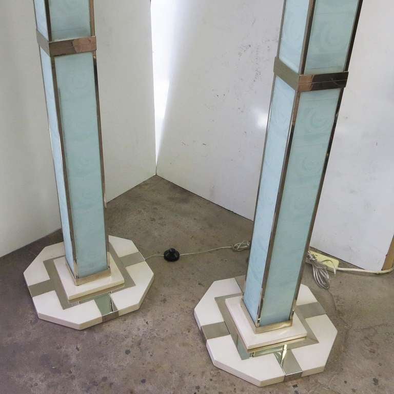 Art Deco Torchere Lamps with Lighted Etched Glass Columns In Excellent Condition In North Hollywood, CA