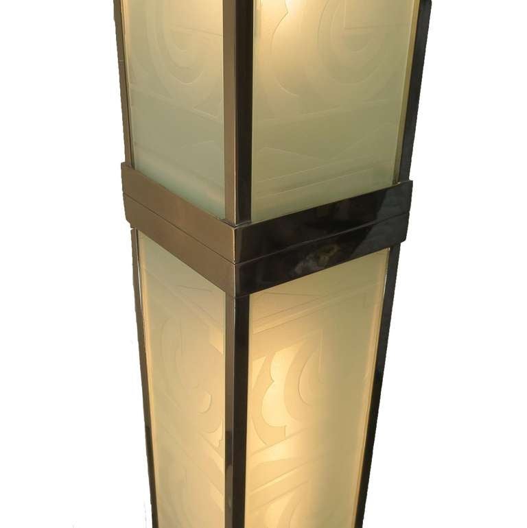 Mid-20th Century Art Deco Torchere Lamps with Lighted Etched Glass Columns
