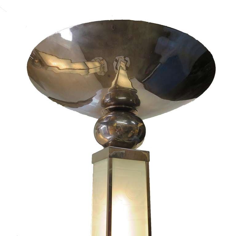 Metal Art Deco Torchere Lamps with Lighted Etched Glass Columns