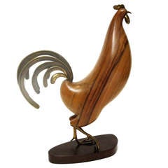 Bronze and Wood Rooster Sculpture by Karl Hagenauer