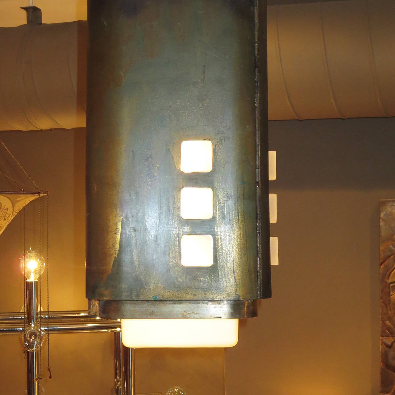 Stunning Architectural Bronze Hanging Lamps In Good Condition In North Hollywood, CA