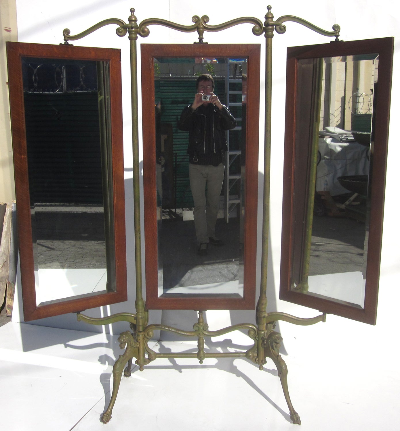 Gothic Iron and Oak Three Panel Standing Dressing Mirror For Sale at ...