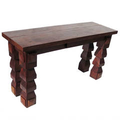 Antique Folk Art Hand Hewn Rustic Redwood Console Table