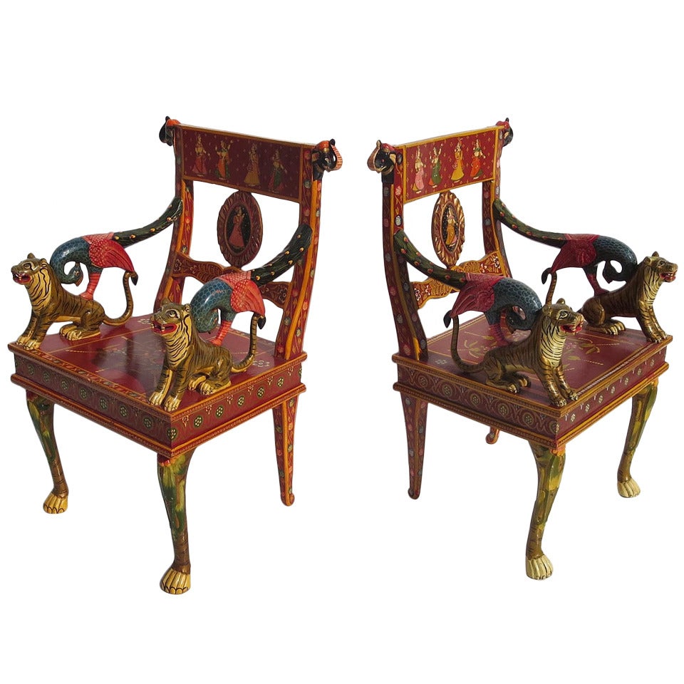 Hand Carved and Painted Indian Armchairs