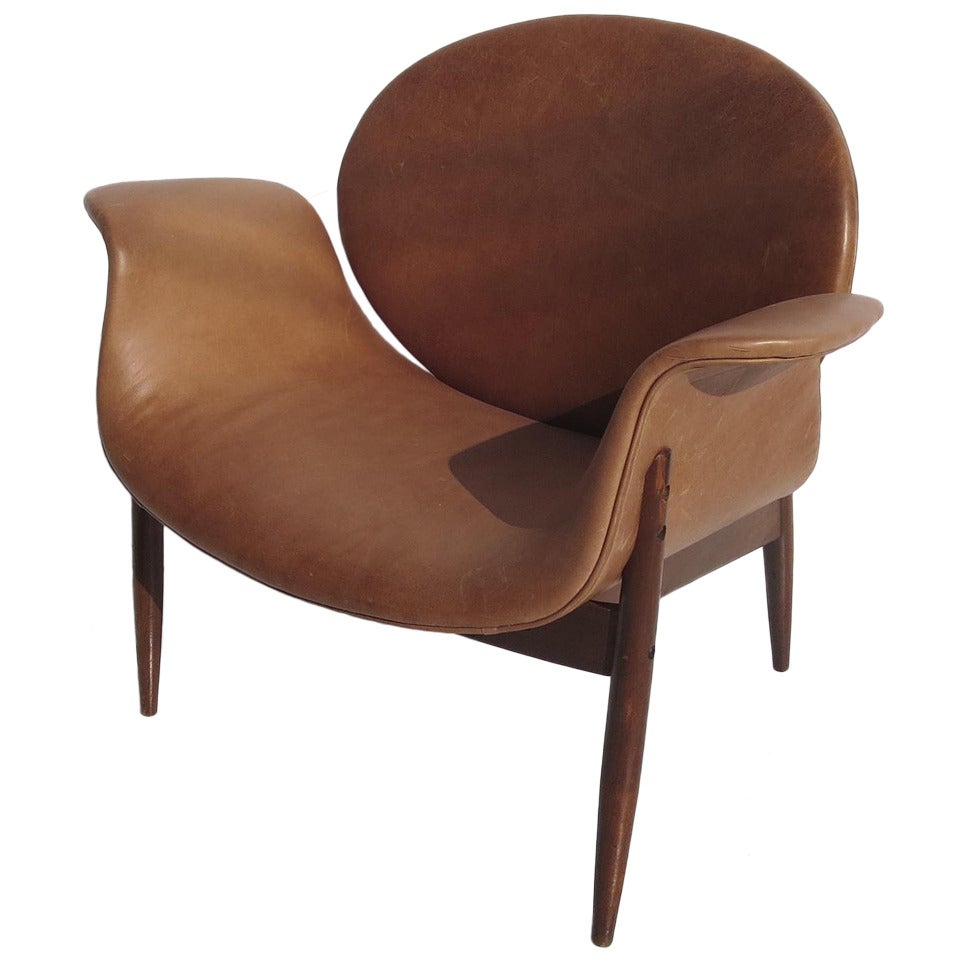 Mid Century Leather Shell Chair in the Manner of Arne Jacobsen