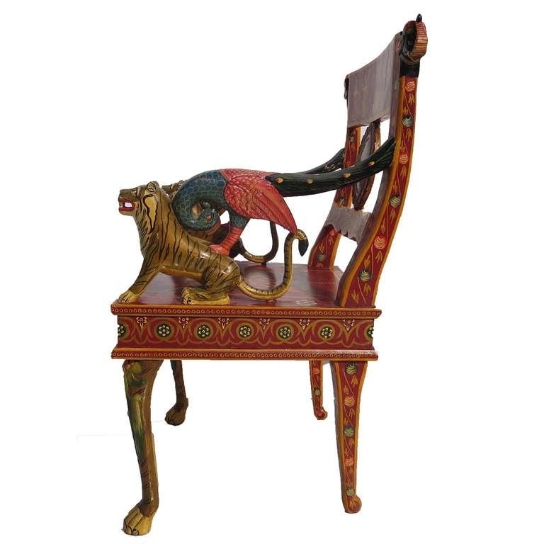 Anglo-Indian Hand Carved and Painted Indian Armchairs